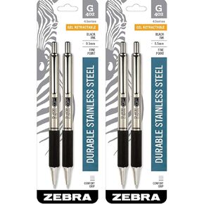 قلم Zebra Pen G-402 قلم هلام قابل للسحب من الفولاذ المقاوم للصدأ ، نقطة غرامة ، 0.5 ملم ، حبر أسود ، 4 عملة (49212)