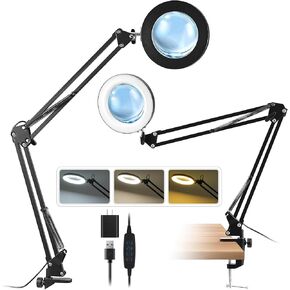 10X Magnifying Glass with Light and Clamp, Real Glass Stand Lighted Magnifier, 270°Illumination 3 Color Modes LED Dimmable Magnifier, Hands Free Desk Lamp for Painting Craft Reading Repairing
