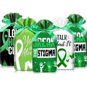 Funrous 48 Pcs Mental Health Gift Bags with Built-in Drawstring 6 x 9 Inch Plastic Merchandise Store Pocket Green Goodie Bags for Mental Health Awareness Party Favor Gift Wrapping Retail Shopping