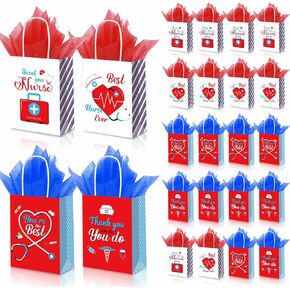 LANCU 24PCS Nurse Appreciation Gifts Bag with Handles Nurses Gift Bags with Tissue Paper Thank You Nurses Week Paper Bags Bulk Nurse Day Treat Goodie Bag Healthcare Workers