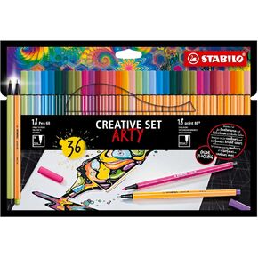 STABILO Fineliner + Premium Fiber-Tip Pen point 88 + Pen 68 - ARTY - Pack of 36 - Assorted Pastel Colors