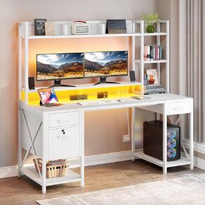 مكتب كمبيوتر DWVO مع أدراج وهاتش ، 59.1 "مكتب مكتب مع منافذ الطاقة وأضواء LED ، مكتب المكتب المنزلي مع أرفف التخزين ، الأسود