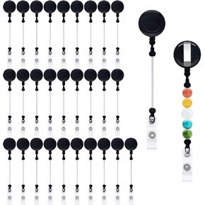 30 PCS Beadable Beadge Cenlable قابلة للسحب ، DIY فارغ بادج كوكب مع بار للخرز اسم معرف ، بكرة حامل الشارة مع مقطع حزام عناصر قابلة للخرز هدية المجوهرات للمستلزمات المكتبية (أسود)