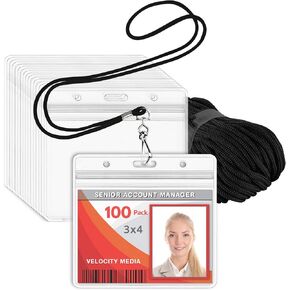MIFFLIN Lanyard with Clear Horizontal Card Protector (Black, 4x3 Inch, 100 PK), ID Name Badge Holder with Lanyard Set