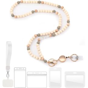 Geyoga Teacher Lanyard with ID Badges Holder Retractable Breakaway Lanyard Wood Beaded Boho Neck Straps with Removable Wristband for Key Keychain Phone Women Teacher