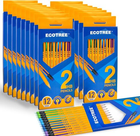 أقلام رصاص ECOTREE #2 أقلام رصاص HB ذات غلاف خشبي، أقلام رصاص رقم 2 مبري مسبقًا للوازم المدرسية المكتبية، أصفر، 12 قطعة in Kuwait