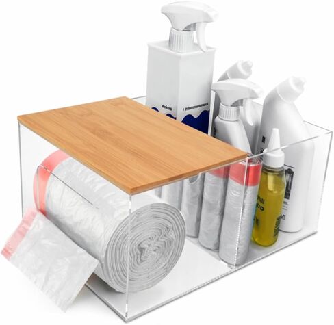 JYPS Trash Bag Dispenser Holder for Kitchen Laundry Room Organization, Extra Large Stackable Garbage Bag Holder Storage with Bamboo Lid Under Sink, Kitchen, Cabinet, Home Decor(Bamboo Lid) in Saudi Arabia