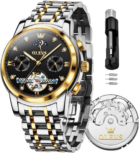 OLEVS Watches for Men Automatic Skeleton 5 Hands Mechanical Luxury Watch Classic Calendar Stainless Steel Waterproof Mens Wrist Watch in Kuwait