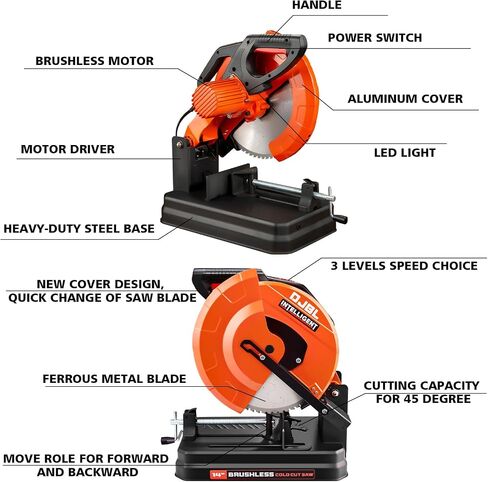 DJBL 14" 3500w Brushless Cold Cut Saw,Dry Cut Saw Cutting Speeds Changeable,Brushless Motor Metal Cut Chop Saw with 66 Teeth Ferrous Metal Cutting Blade,45 Degree Adjustable in Saudi Arabia