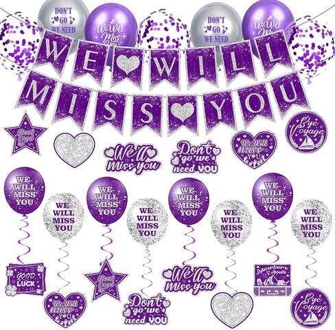 مستلزمات زخارف الحفلات الأرجواني وداعًا 30 مساءً الفضة الأرجواني ، سنفتقدك بالونات بانر حظًا سعيدًا معلقة بطاقات دوامات للتقاعد وداعًا ، تخرج وظيفة التخرج. in Kuwait