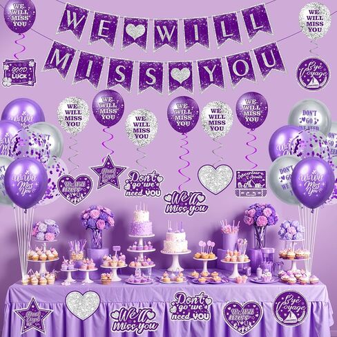 مستلزمات زخارف الحفلات الأرجواني وداعًا 30 مساءً الفضة الأرجواني ، سنفتقدك بالونات بانر حظًا سعيدًا معلقة بطاقات دوامات للتقاعد وداعًا ، تخرج وظيفة التخرج. in Kuwait