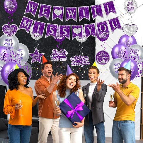 مستلزمات زخارف الحفلات الأرجواني وداعًا 30 مساءً الفضة الأرجواني ، سنفتقدك بالونات بانر حظًا سعيدًا معلقة بطاقات دوامات للتقاعد وداعًا ، تخرج وظيفة التخرج. in Kuwait