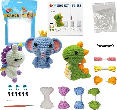 GZBZTZ Beginner Crochet Kit with Step-by-Step Video Tutorial, Hook, Yarn and Accessories - 3-in-1 Animal Crochet Kit (Unicorn, Elephant, Dinosaur) in Saudi Arabia