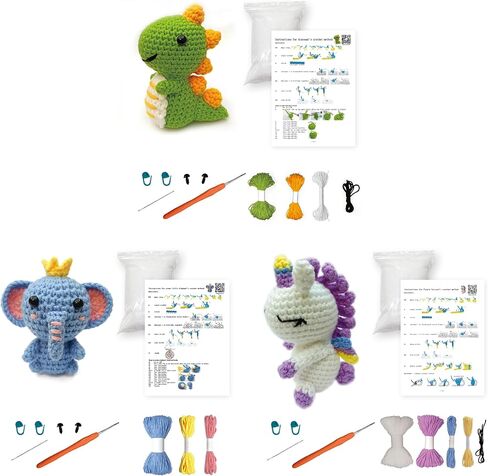 GZBZTZ Beginner Crochet Kit with Step-by-Step Video Tutorial, Hook, Yarn and Accessories - 3-in-1 Animal Crochet Kit (Unicorn, Elephant, Dinosaur) in Saudi Arabia