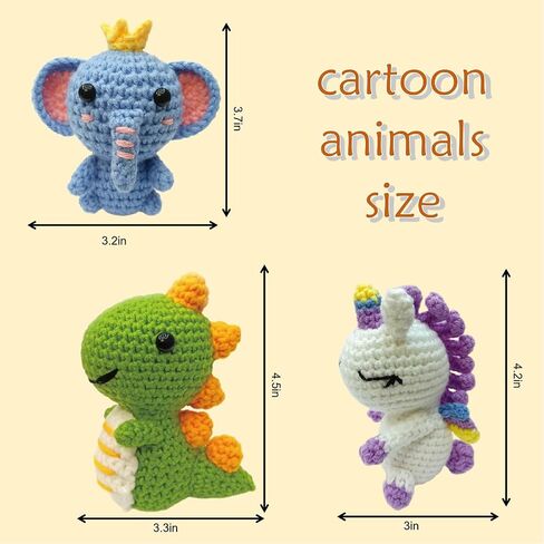 GZBZTZ Beginner Crochet Kit with Step-by-Step Video Tutorial, Hook, Yarn and Accessories - 3-in-1 Animal Crochet Kit (Unicorn, Elephant, Dinosaur) in Saudi Arabia