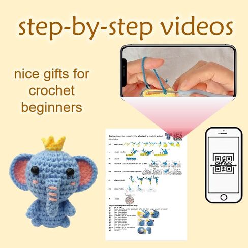 GZBZTZ Beginner Crochet Kit with Step-by-Step Video Tutorial, Hook, Yarn and Accessories - 3-in-1 Animal Crochet Kit (Unicorn, Elephant, Dinosaur) in Saudi Arabia