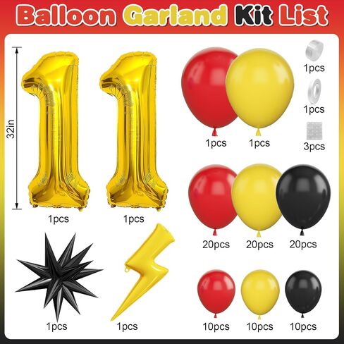 7th Birthday Red Black Yellow Balloons Arch Kit, Cartoon Theme with Number 7, Lightning Star Mylar Balloons for 7th Birthday Party in Kuwait