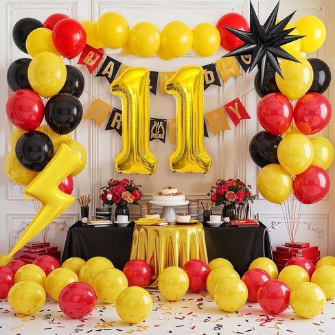 7th Birthday Red Black Yellow Balloons Arch Kit, Cartoon Theme with Number 7, Lightning Star Mylar Balloons for 7th Birthday Party in Kuwait
