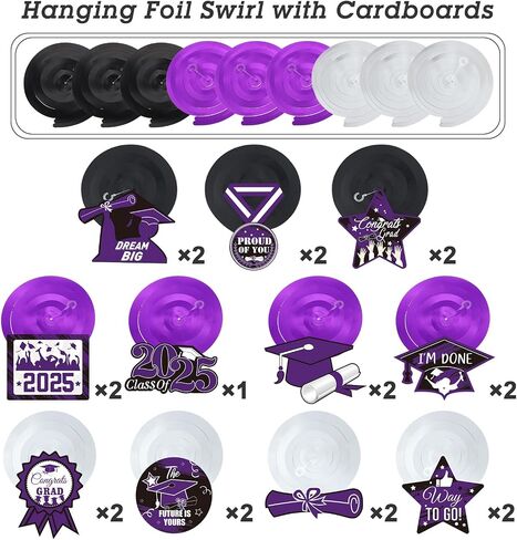Sumind 30 Pcs Graduation Party Hanging Swirl Decorations Class of 2025 Congrats Grad Supplies Hat Foil Ceiling Streamers for 2025 Senior Prom Party(Purple, Black, Silver) in Saudi Arabia