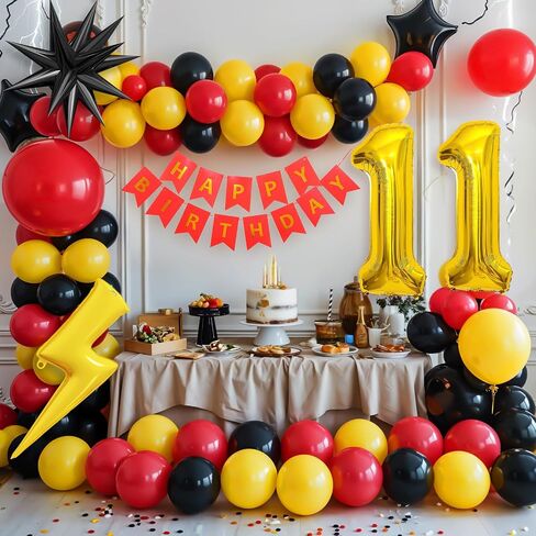 7th Birthday Red Black Yellow Balloons Arch Kit, Cartoon Theme with Number 7, Lightning Star Mylar Balloons for 7th Birthday Party in Kuwait