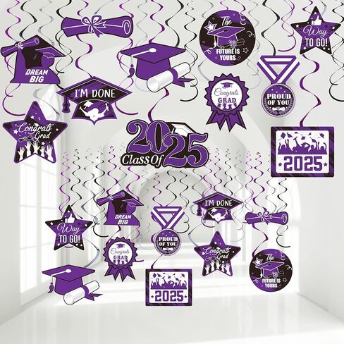 Sumind 30 Pcs Graduation Party Hanging Swirl Decorations Class of 2025 Congrats Grad Supplies Hat Foil Ceiling Streamers for 2025 Senior Prom Party(Purple, Black, Silver) in Saudi Arabia