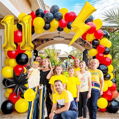 7th Birthday Red Black Yellow Balloons Arch Kit, Cartoon Theme with Number 7, Lightning Star Mylar Balloons for 7th Birthday Party in Kuwait