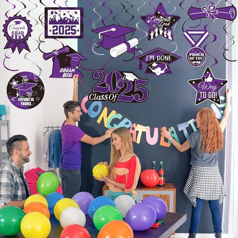 Sumind 30 Pcs Graduation Party Hanging Swirl Decorations Class of 2025 Congrats Grad Supplies Hat Foil Ceiling Streamers for 2025 Senior Prom Party(Purple, Black, Silver) in Saudi Arabia