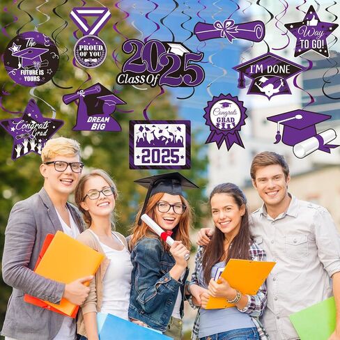 Sumind 30 Pcs Graduation Party Hanging Swirl Decorations Class of 2025 Congrats Grad Supplies Hat Foil Ceiling Streamers for 2025 Senior Prom Party(Purple, Black, Silver) in Saudi Arabia