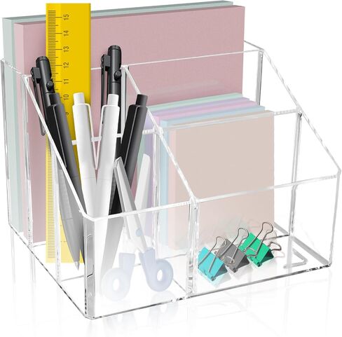 Acrylic Pen Holder for Desk, 5 Compartments Clear Makeup Brush Holder Organizer, Clear Desk Organizer for Pencil Marker Office Supplies Card Sticky Notes in Saudi Arabia