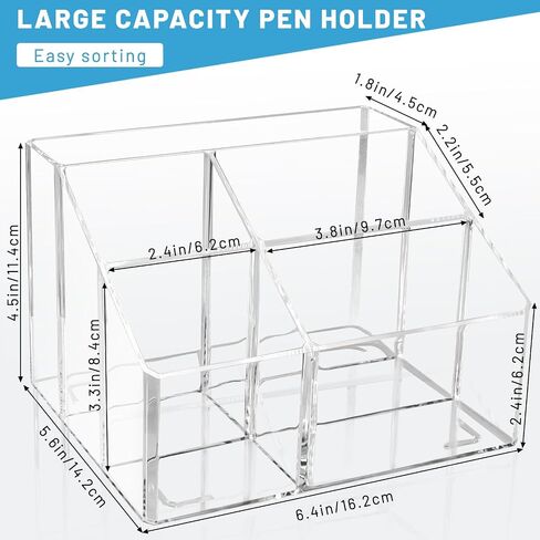 Acrylic Pen Holder for Desk, 5 Compartments Clear Makeup Brush Holder Organizer, Clear Desk Organizer for Pencil Marker Office Supplies Card Sticky Notes in Saudi Arabia