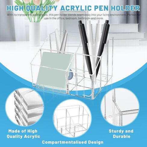 Acrylic Pen Holder for Desk, 5 Compartments Clear Makeup Brush Holder Organizer, Clear Desk Organizer for Pencil Marker Office Supplies Card Sticky Notes in Saudi Arabia