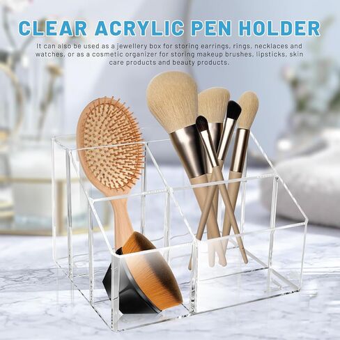 Acrylic Pen Holder for Desk, 5 Compartments Clear Makeup Brush Holder Organizer, Clear Desk Organizer for Pencil Marker Office Supplies Card Sticky Notes in Saudi Arabia