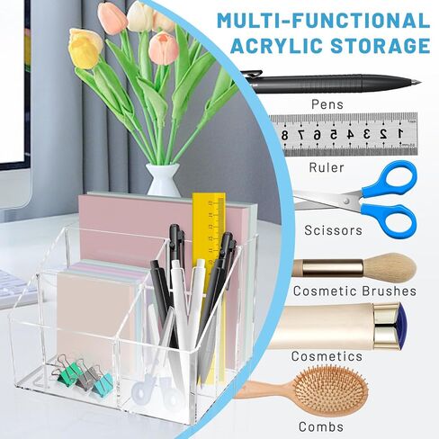 Acrylic Pen Holder for Desk, 5 Compartments Clear Makeup Brush Holder Organizer, Clear Desk Organizer for Pencil Marker Office Supplies Card Sticky Notes in Saudi Arabia