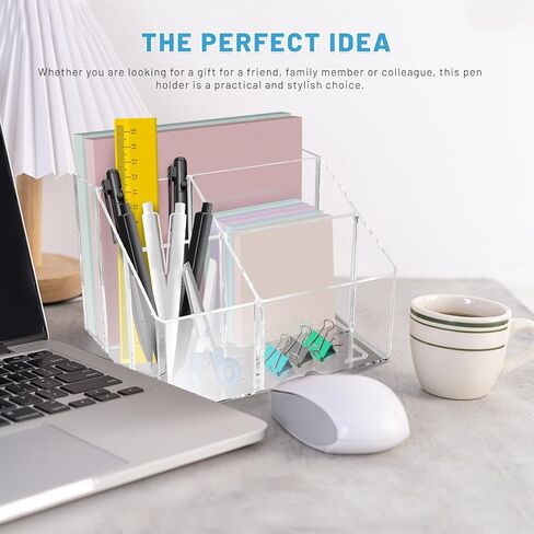 Acrylic Pen Holder for Desk, 5 Compartments Clear Makeup Brush Holder Organizer, Clear Desk Organizer for Pencil Marker Office Supplies Card Sticky Notes in Saudi Arabia