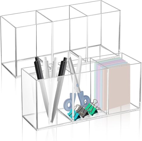 Acrylic Pen Holder for Desk, 5 Compartments Clear Makeup Brush Holder Organizer, Clear Desk Organizer for Pencil Marker Office Supplies Card Sticky Notes in Saudi Arabia