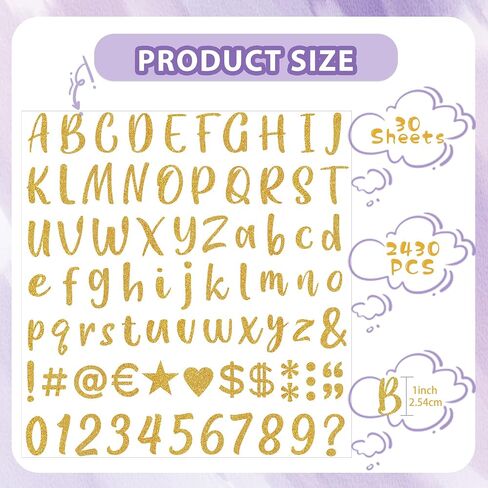 2430 Pcs 30 Sheets Gold Sticker Letters Glitter Letter Stickers Small Vinyl Self Adhesive Waterproof Alphabet Number Stick on Letter Stickers for Scrapbook Craft Art Cup Classroom Decor(Gold,1 Inch) in Saudi Arabia
