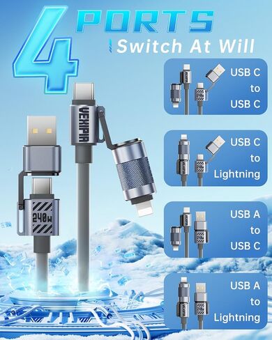 4-IN-1 100W USB C Cable [SHEZI Series] Thicker Silicone iPhone iPad Charger Cord [Fast Charging & Data Sync] [CarPlay & Android Auto], Multi Charging Cable with Lightning/Type C/USB A Port-5ft in Kuwait