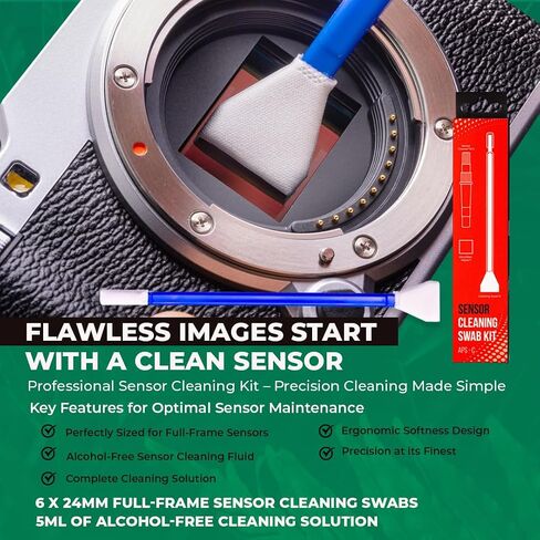 REFLEX CAMERA Professional 24mm Full Frame Sensor Cleaning Kit – 6 Cleaning Swabs, Microfiber Cloth, 3ml Alcohol-Free Solution – Safe, Residue-Free Cleaning for Full Frame Cameras in Kuwait