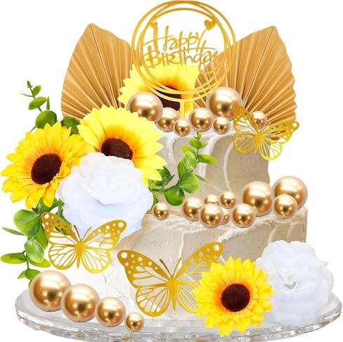 Gyufise 54Pcs Artificial Sunflower Cake Decorations Acrylic Happy Birthday Cake Topper Butterfly Balloon Cake Toppers for DIY Wedding Birthday Valentine's Day Party Supplies Yellow in Saudi Arabia
