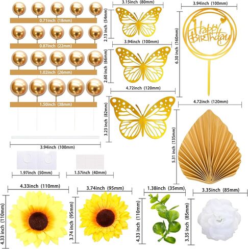 Gyufise 54Pcs Artificial Sunflower Cake Decorations Acrylic Happy Birthday Cake Topper Butterfly Balloon Cake Toppers for DIY Wedding Birthday Valentine's Day Party Supplies Yellow in Saudi Arabia