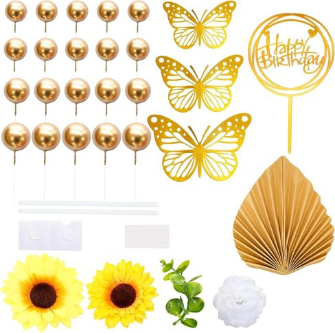 Gyufise 54Pcs Artificial Sunflower Cake Decorations Acrylic Happy Birthday Cake Topper Butterfly Balloon Cake Toppers for DIY Wedding Birthday Valentine's Day Party Supplies Yellow in Saudi Arabia