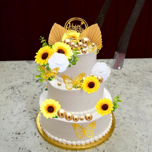 Gyufise 54Pcs Artificial Sunflower Cake Decorations Acrylic Happy Birthday Cake Topper Butterfly Balloon Cake Toppers for DIY Wedding Birthday Valentine's Day Party Supplies Yellow in Saudi Arabia