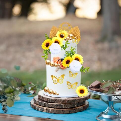 Gyufise 54Pcs Artificial Sunflower Cake Decorations Acrylic Happy Birthday Cake Topper Butterfly Balloon Cake Toppers for DIY Wedding Birthday Valentine's Day Party Supplies Yellow in Saudi Arabia
