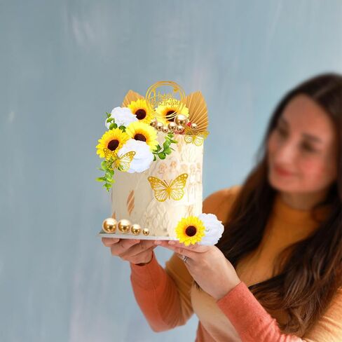 Gyufise 54Pcs Artificial Sunflower Cake Decorations Acrylic Happy Birthday Cake Topper Butterfly Balloon Cake Toppers for DIY Wedding Birthday Valentine's Day Party Supplies Yellow in Saudi Arabia
