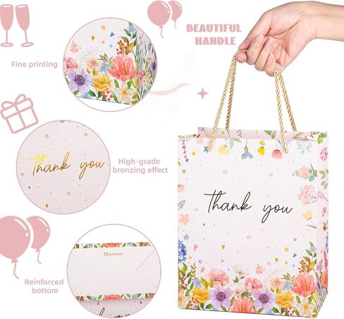 HURSROOR Thank You Gift Bags, 9" Medium Size Gift Bags with Handles, Pink Floral Design Thank You Paper Bags for Wedding Birthday Mother's Day Baby Shower Party Favors, 2 Pack in Saudi Arabia