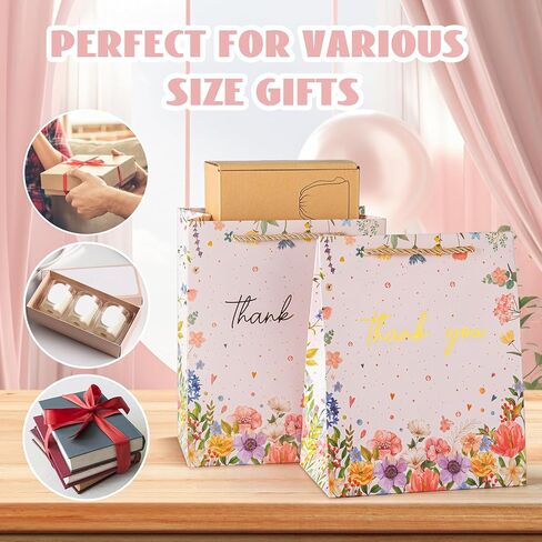 HURSROOR Thank You Gift Bags, 9" Medium Size Gift Bags with Handles, Pink Floral Design Thank You Paper Bags for Wedding Birthday Mother's Day Baby Shower Party Favors, 2 Pack in Saudi Arabia