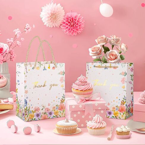 HURSROOR Thank You Gift Bags, 9" Medium Size Gift Bags with Handles, Pink Floral Design Thank You Paper Bags for Wedding Birthday Mother's Day Baby Shower Party Favors, 2 Pack in Saudi Arabia