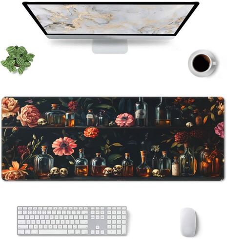 Gothic Skull and Glass Bottle Gaming Mouse Pad, Large Non-Slip Rubber Base Mousepad XL 31.5x11.8in, Keyboard Mouse Mat, Desk Pad with Stitched Edges for Gamer Home&Office in Kuwait