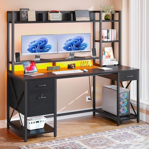 DWVO Computer Desk with Drawers & Hutch, 59.1" Office Desk with Power Outlets & LED Lights, Home Office Desk with Storage Shelves, Black in Saudi Arabia