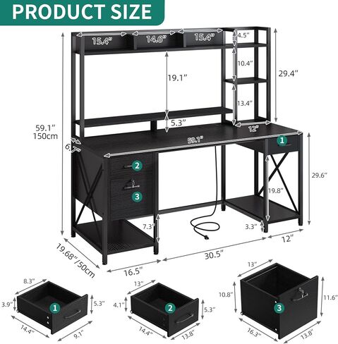 DWVO Computer Desk with Drawers & Hutch, 59.1" Office Desk with Power Outlets & LED Lights, Home Office Desk with Storage Shelves, Black in Saudi Arabia